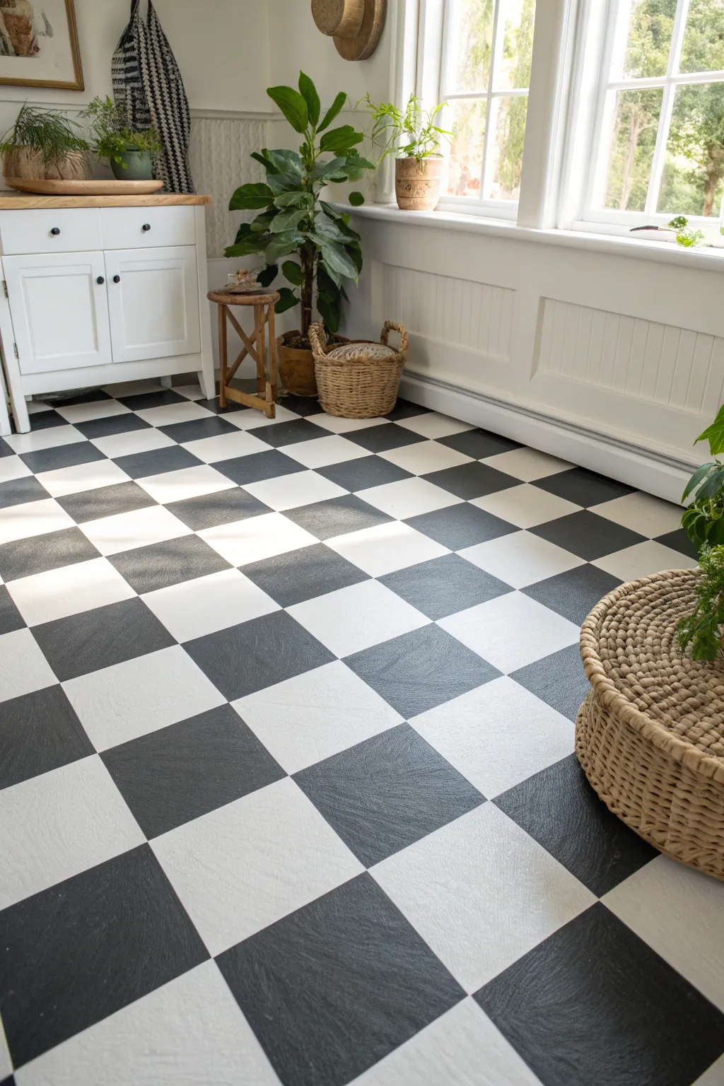 Embrace timeless elegance with a classic checkerboard floor — where Scandinavian minimalism meets Boho charm.