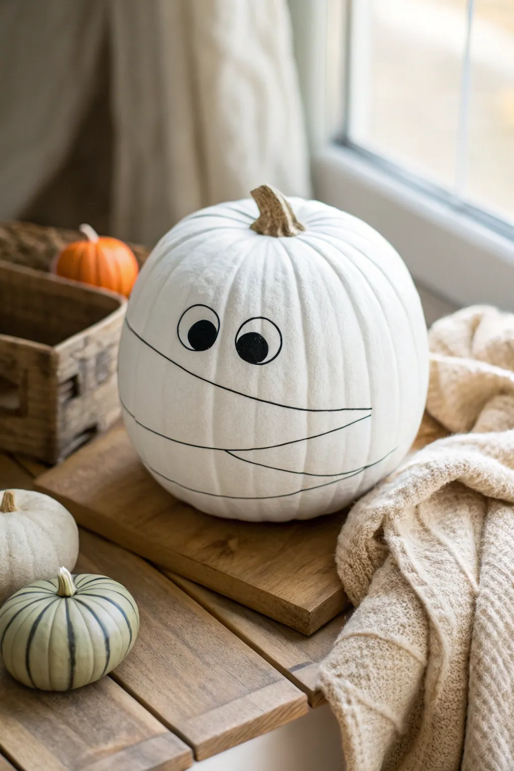 Embrace the charm of simplicity with this classic white mummy pumpkin, a perfect blend of minimalist and boho style for your Halloween decor.