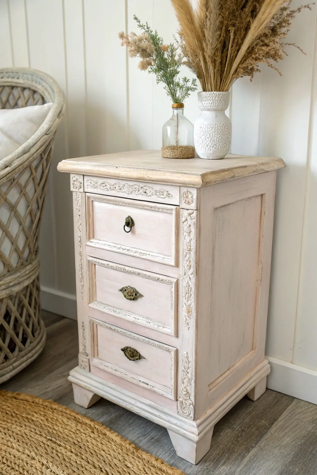 Transform your nightstand into a vintage masterpiece with the charm of chalk paint and delicate distressing.