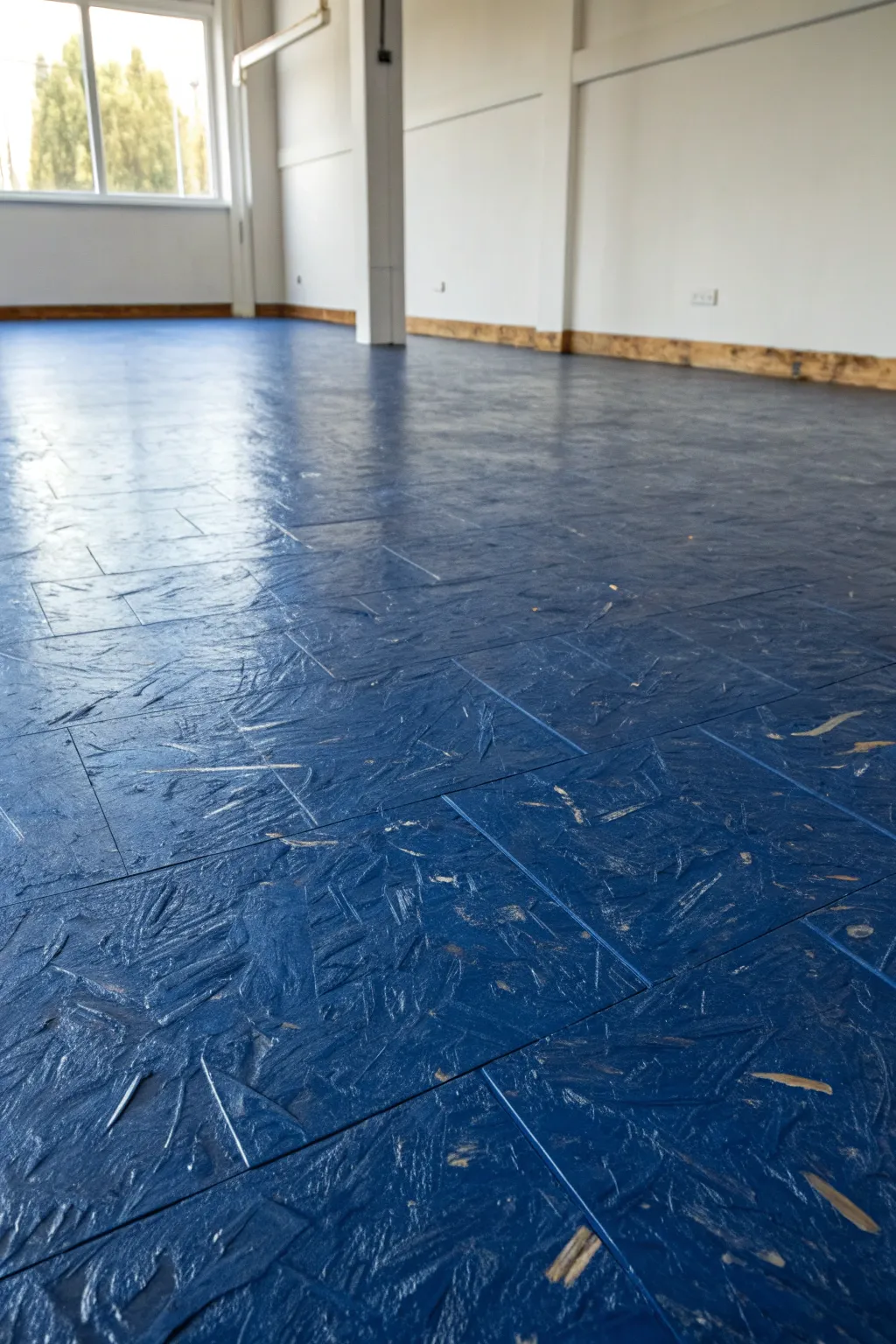 Transform your space with the bold elegance of a navy blue OSB floor.