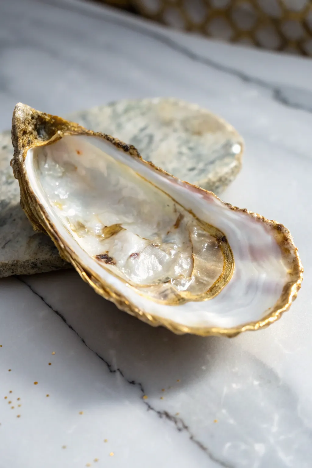 Elevate your jewelry organization with these exquisite gold-trimmed oyster shell trinket dishes.
