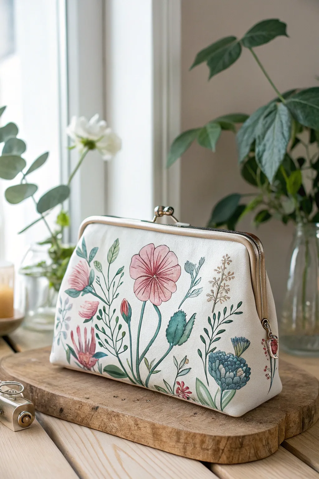 Carry a piece of nature with you: A beautifully hand-painted floral purse that merges simplicity with artistic elegance.