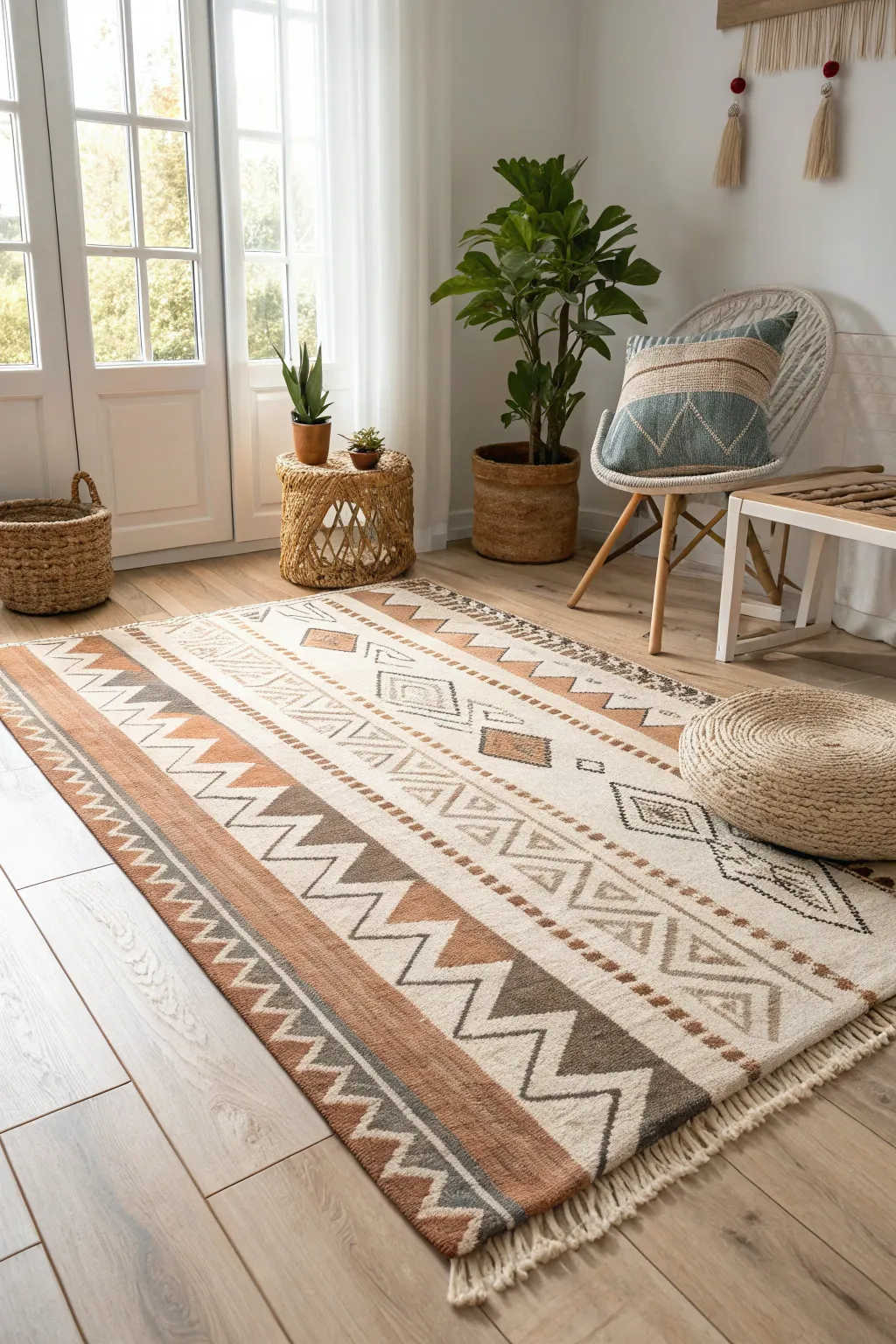 Transform your space with a touch of artistry—geometric painted rugs bring elegance and charm to any room.