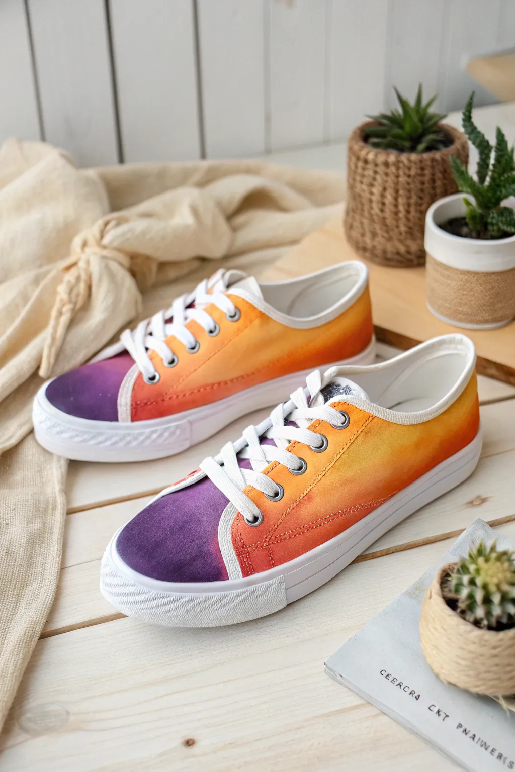 Step into a sunset with these beautifully painted sneakers, where craftsmanship meets natural beauty.