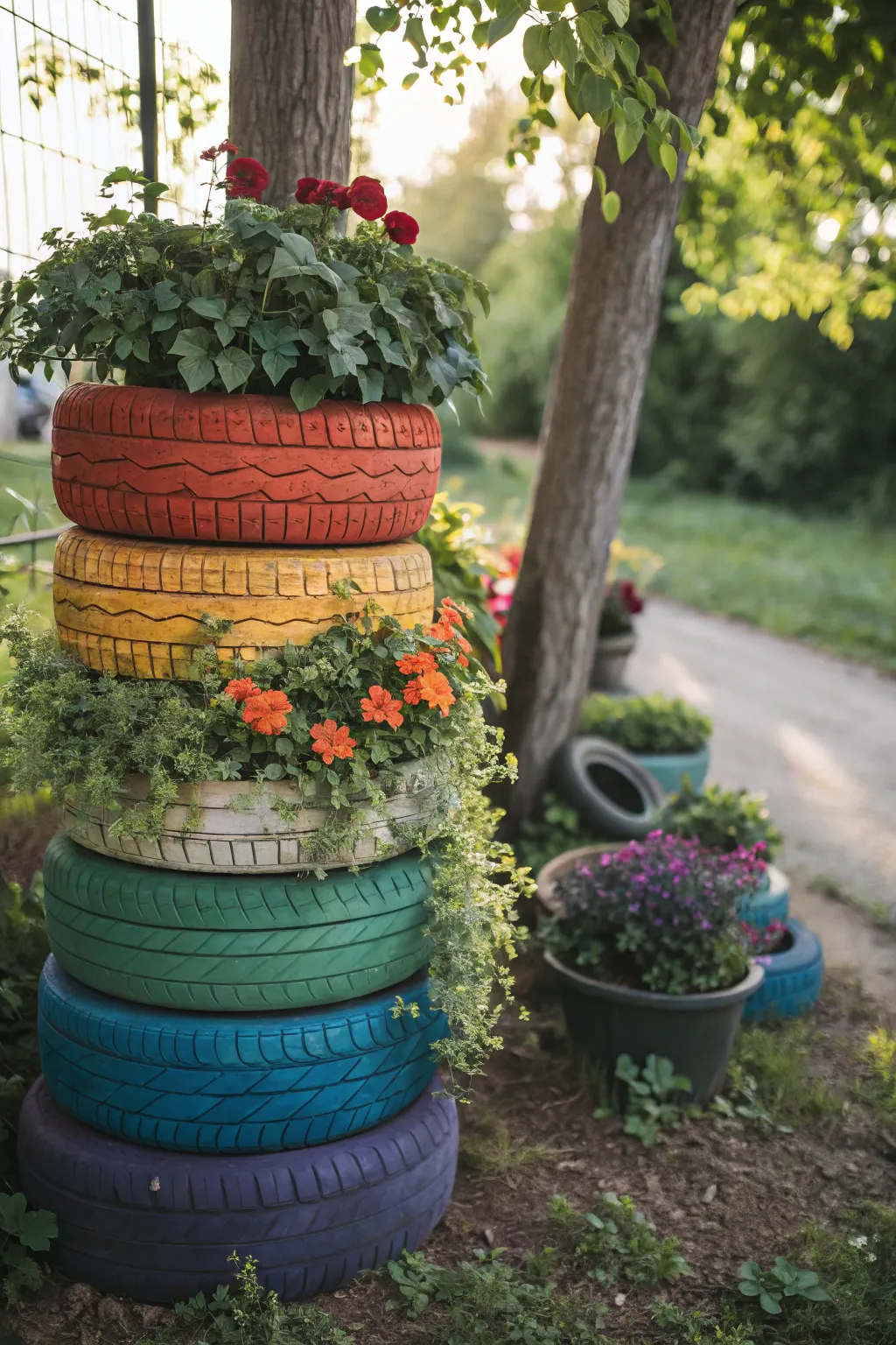 Add a splash of joy to your garden with a rainbow tire planter stack!