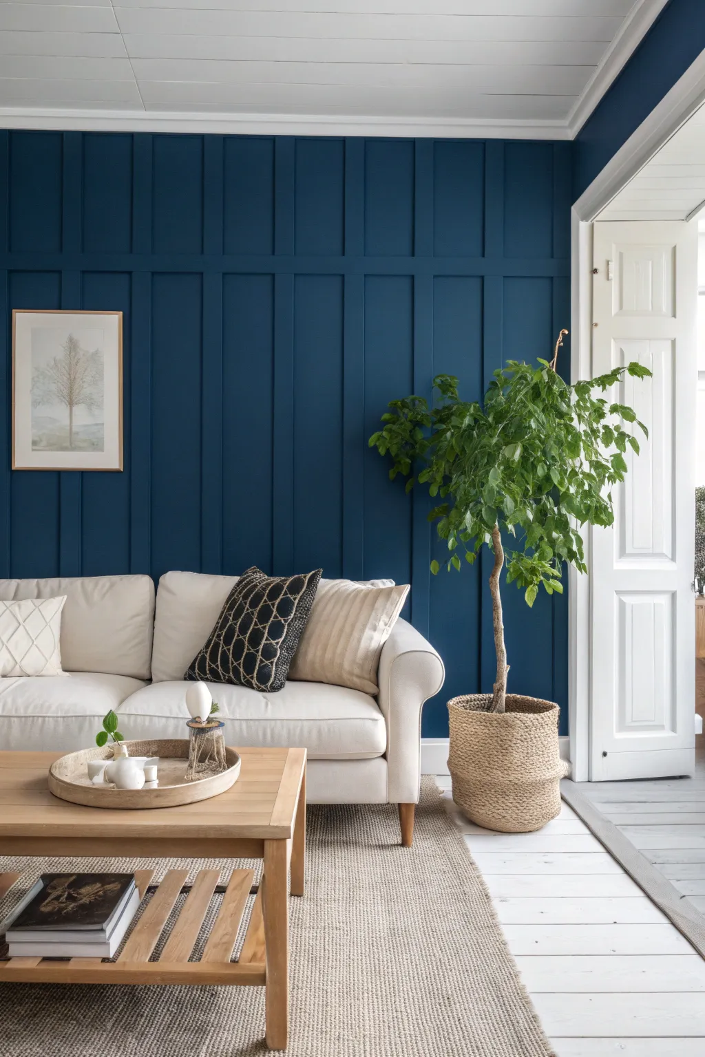 Transform your space with a bold navy blue accent wall for a chic Scandinavian vibe.