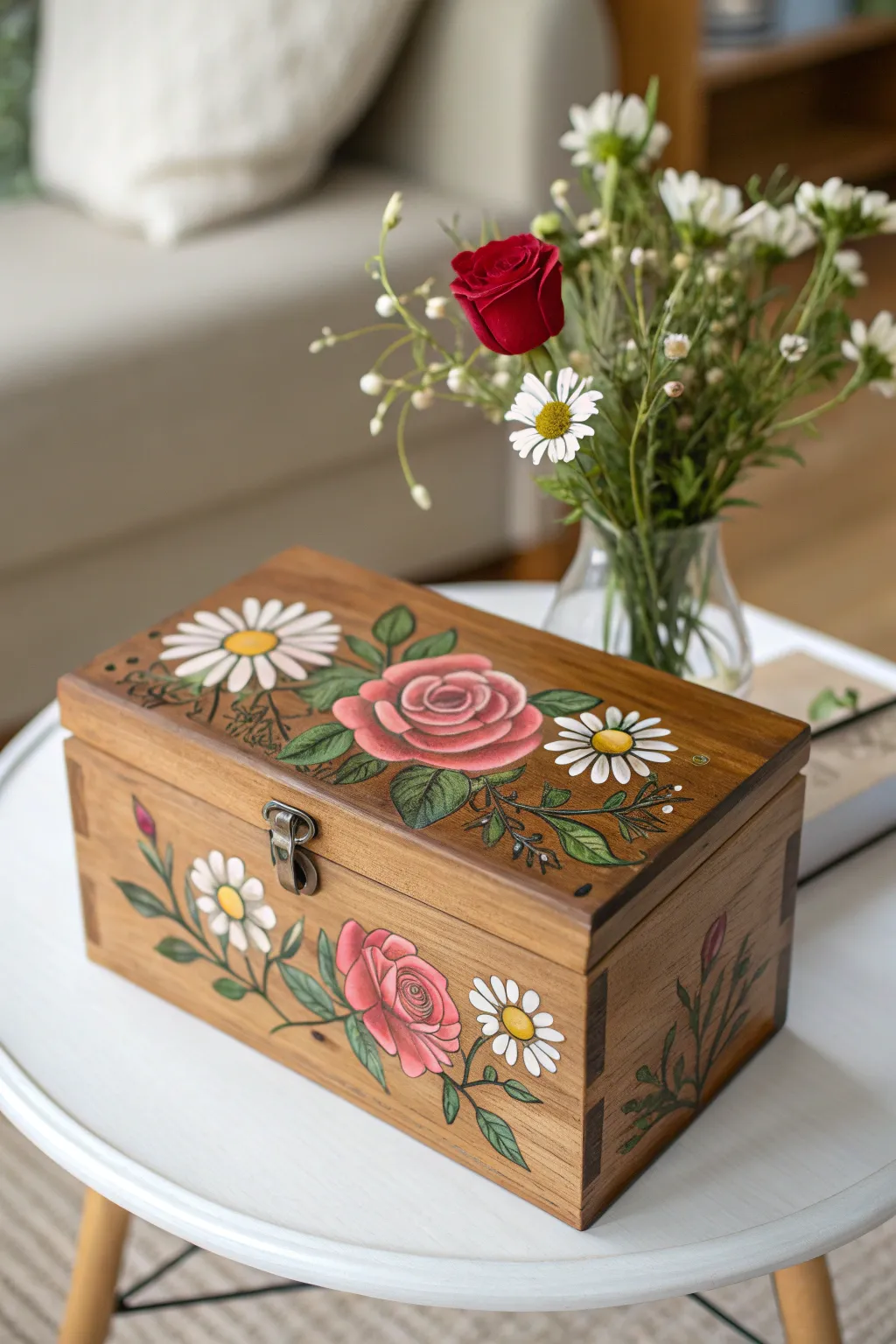 Bring a touch of garden elegance indoors with this beautifully painted floral wooden box.