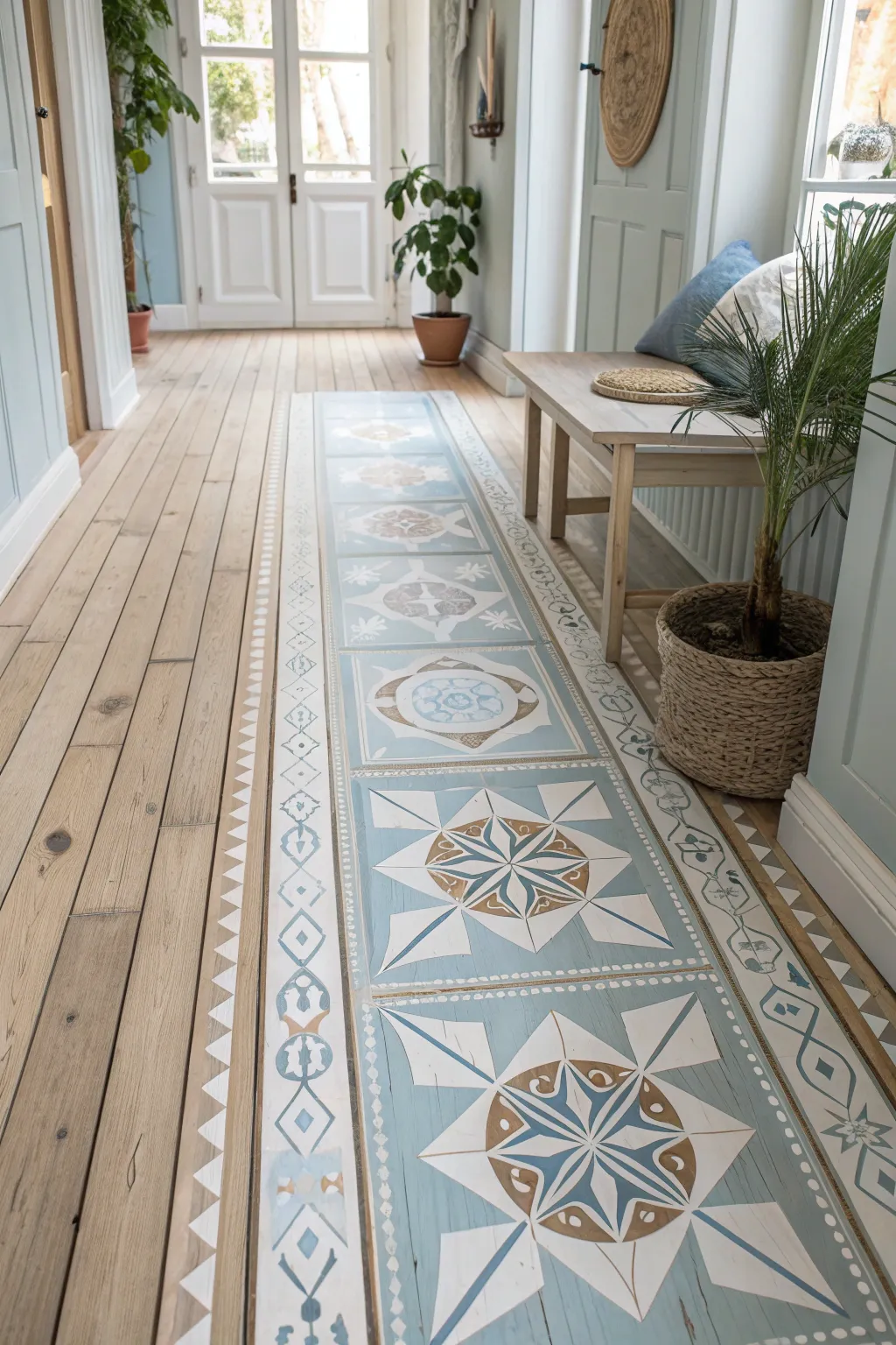 Transform your space with artistic geometric patterns on wood floors, blending Scandinavian simplicity with boho charm.