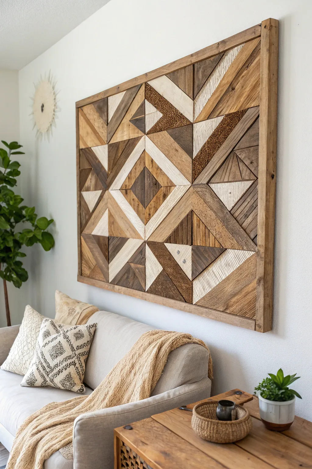Elevate your space with geometric pallet wood art—where simplicity meets natural elegance.