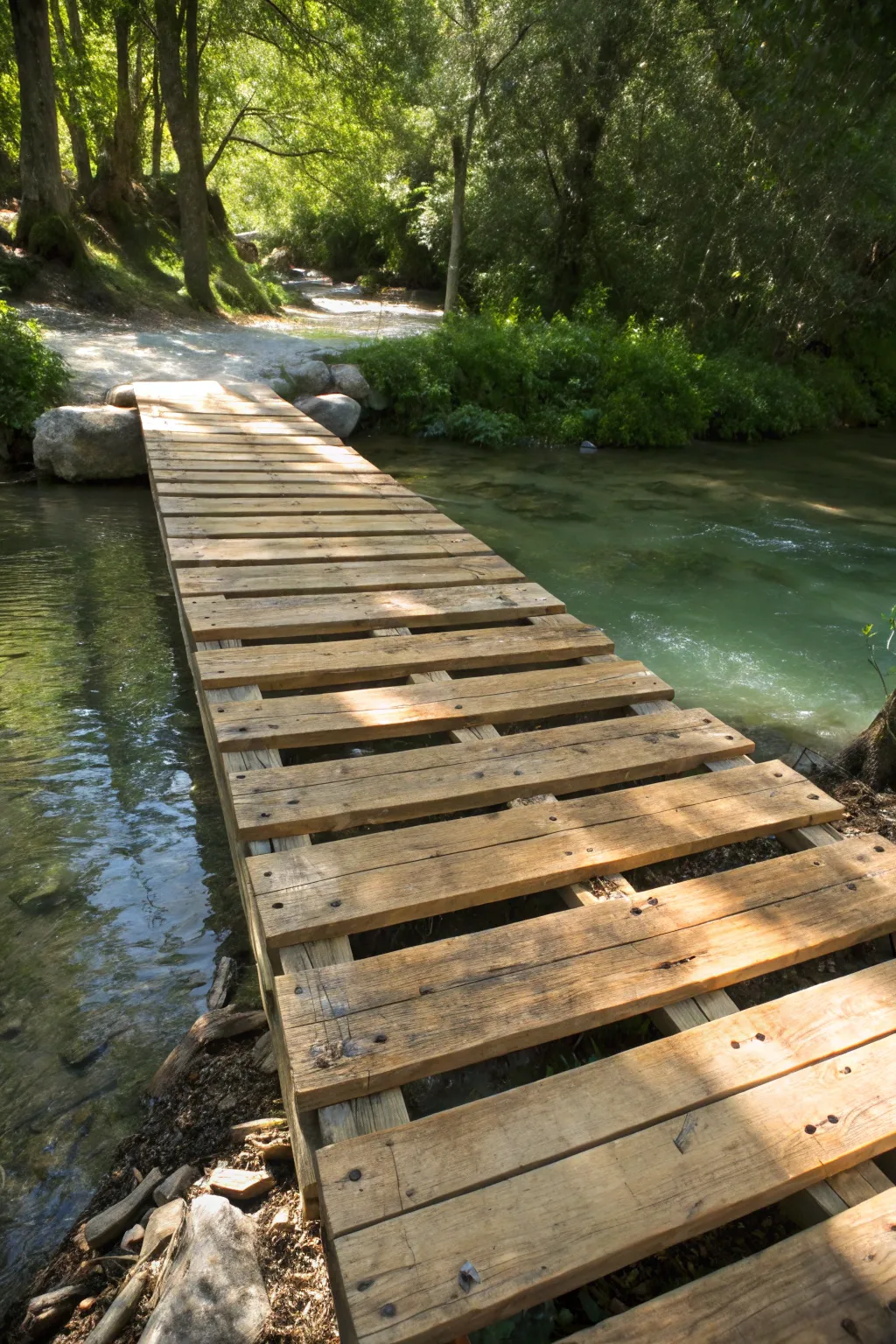 Cross nature's path with rustic charm: a crafted pallet bridge that blends seamlessly with the serene landscape.