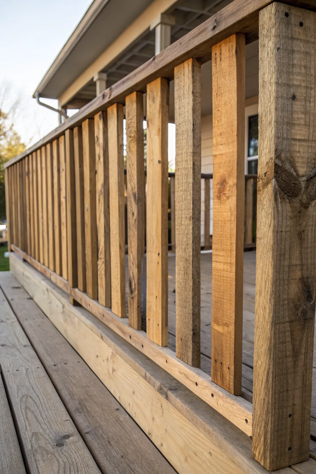 Elevate your deck with rustic vertical pallet slats for a timeless farmhouse charm.
