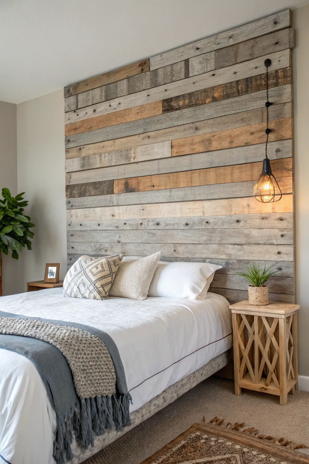 Embrace rustic charm with a handcrafted pallet wood headboard, where simplicity meets natural beauty.
