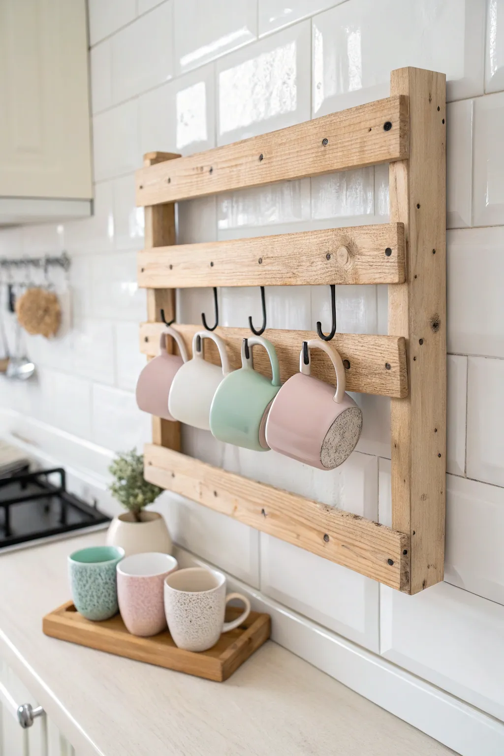 Elevate your morning ritual with a charming pallet coffee cup holder that pairs Scandinavian simplicity with Boho elegance!