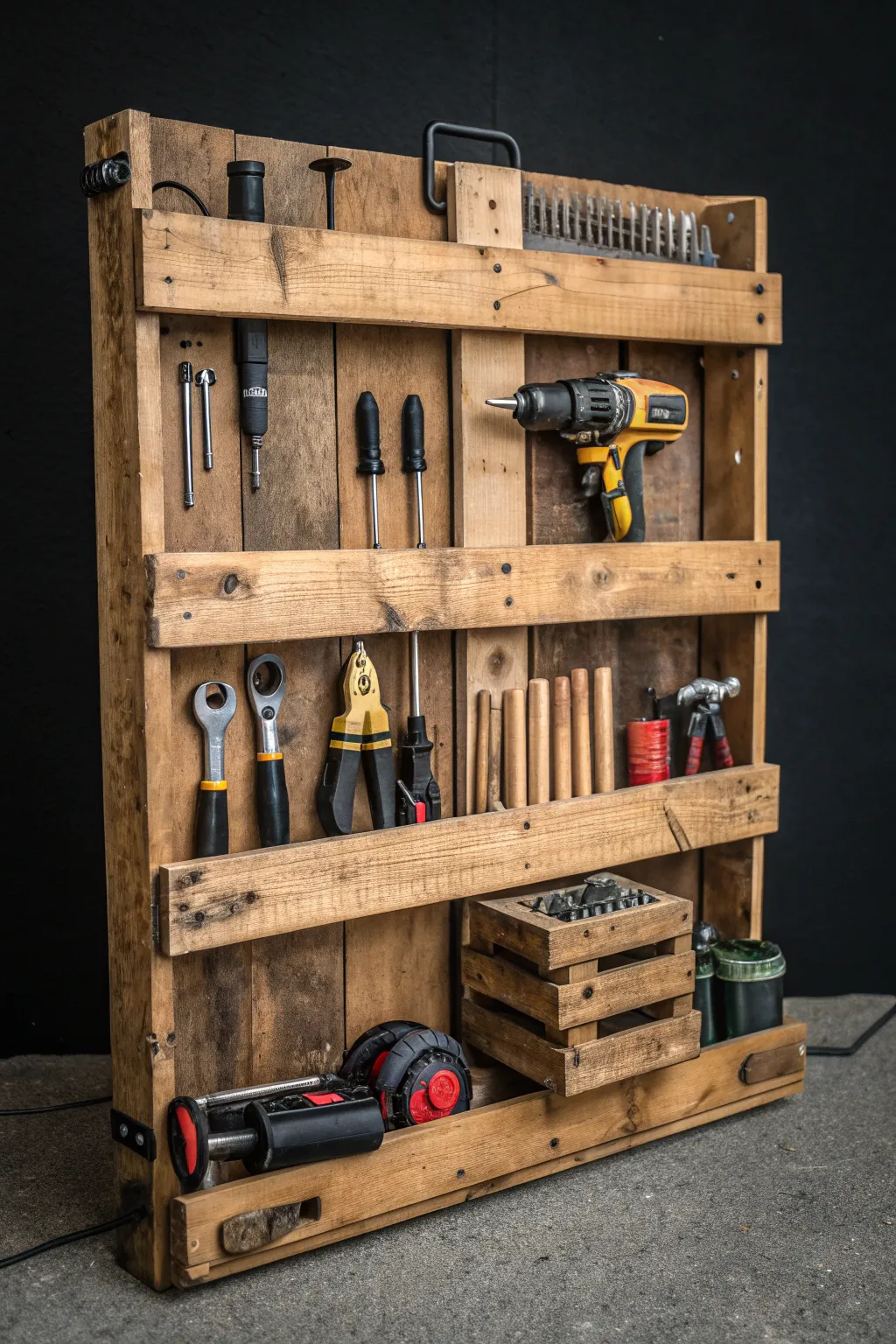 Elevate your workspace with a handcrafted pallet tool organizer, where craftsmanship meets functionality.