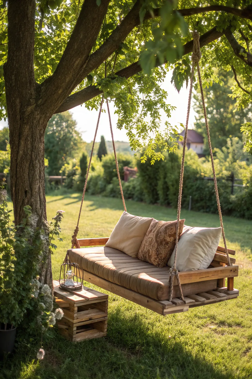 Find tranquility in craftsmanship: A rustic pallet swing perfect for your garden retreat.