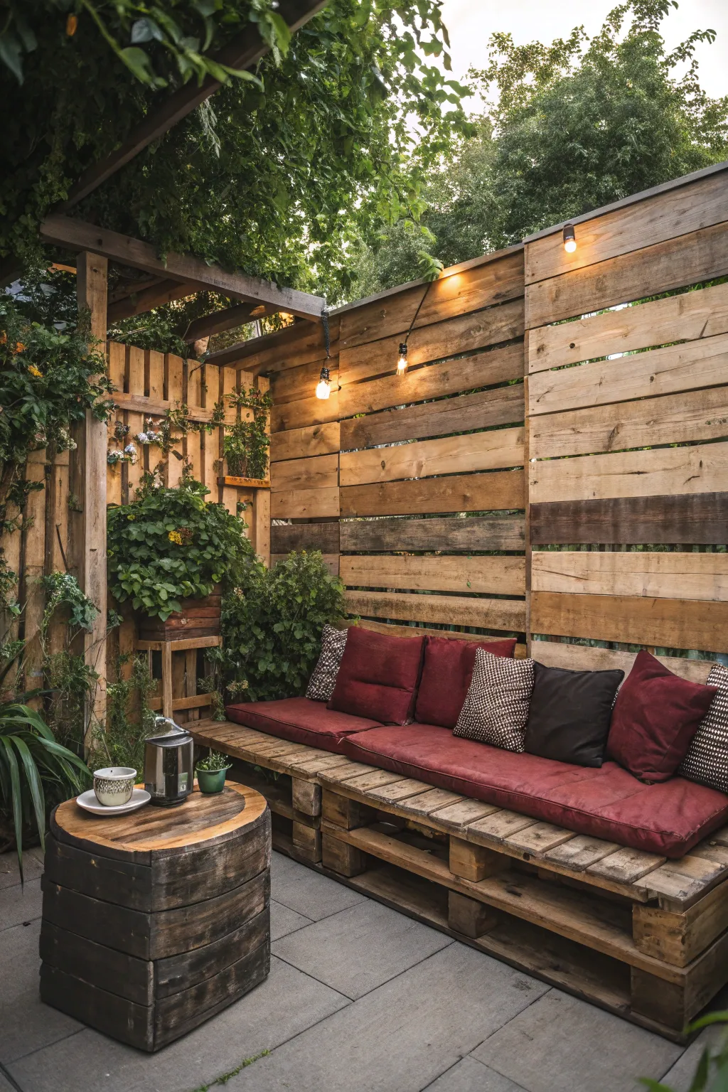 Transform your patio with a handcrafted pallet wall for the ultimate cozy retreat.
