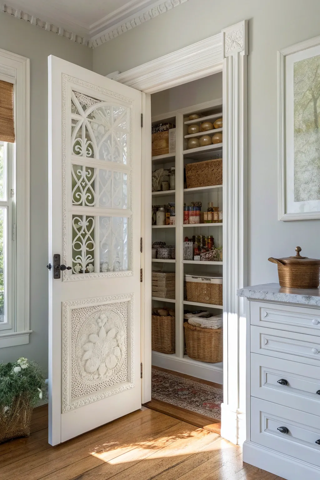Embrace timeless elegance with a classic white screen door that transforms your pantry into a bright and inviting space.