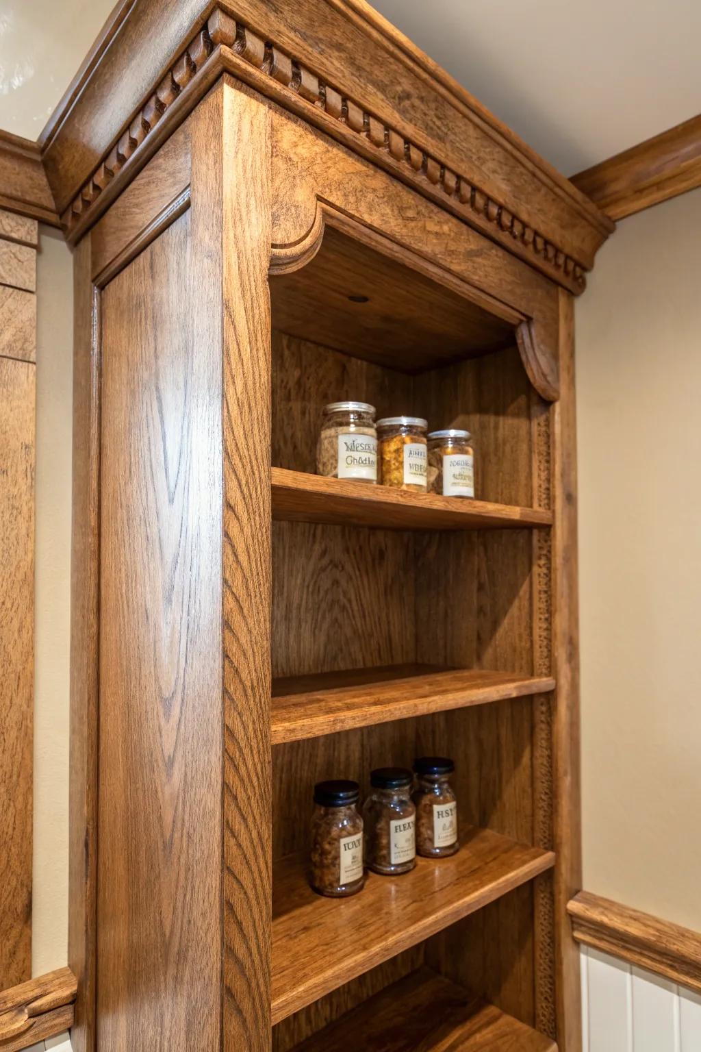 Transform awkward pantry corners with handcrafted elegance.
