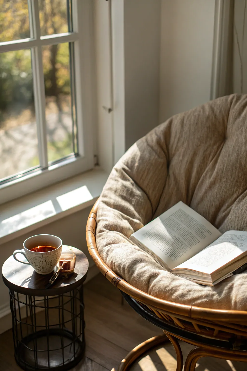 A serene reading nook with a papasan chair bathed in natural light.