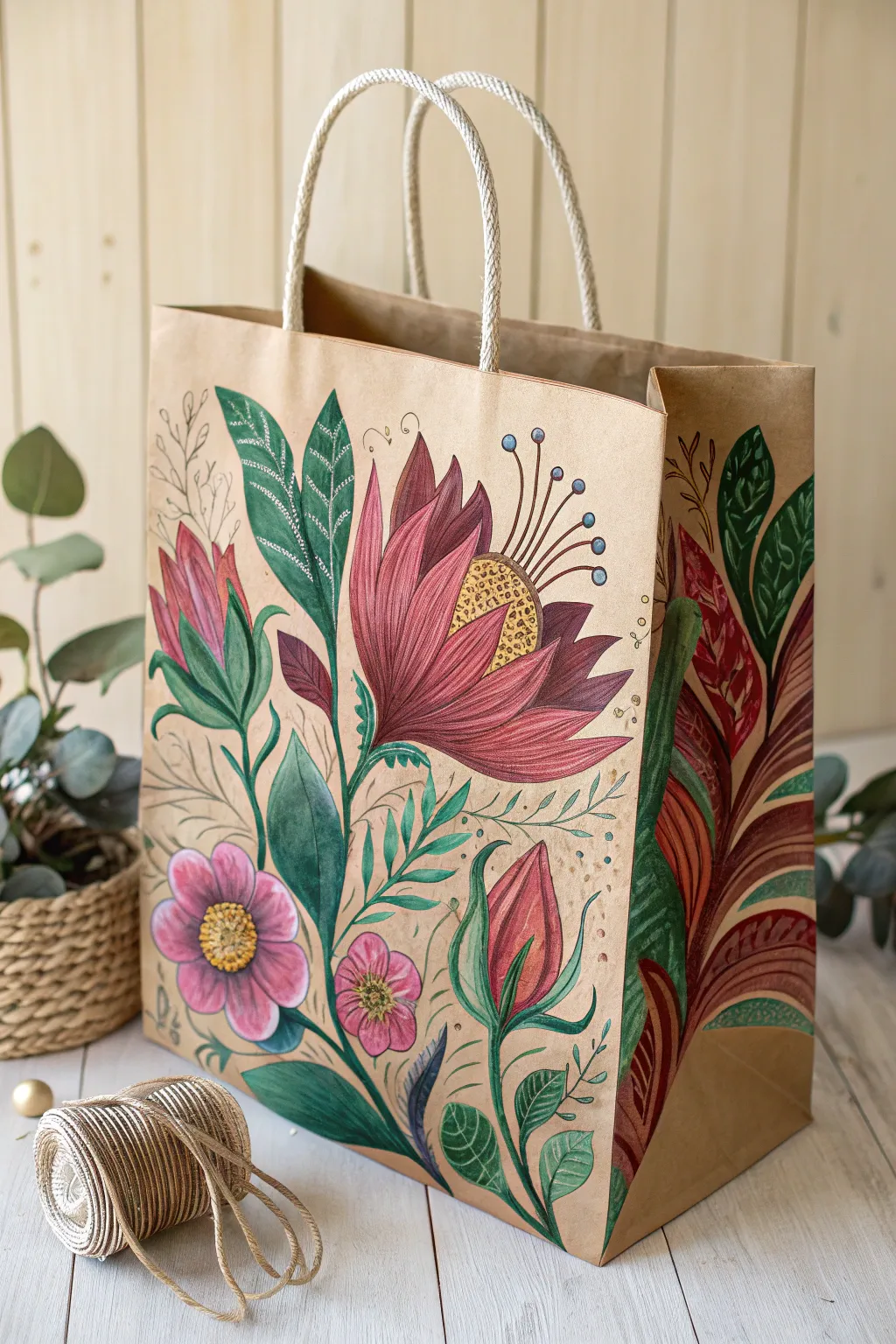 Bring a touch of nature's beauty indoors with this stunning floral masterpiece on a paper bag. Perfect for those who cherish simplicity and artistry.