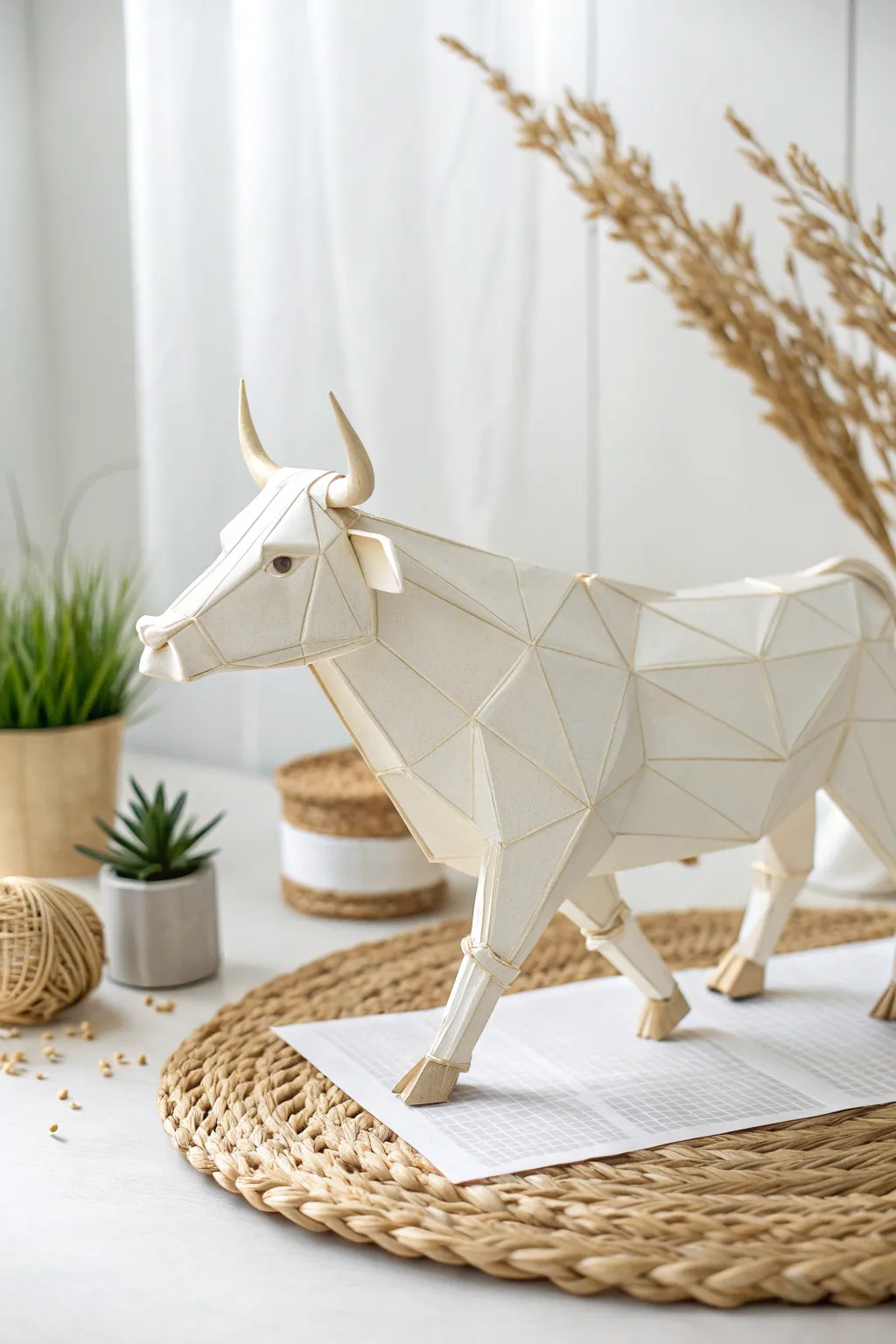 Bring a touch of whimsy and craftsmanship to your space with a 3D paper cow model, perfect for a minimalist yet boho-inspired decor.