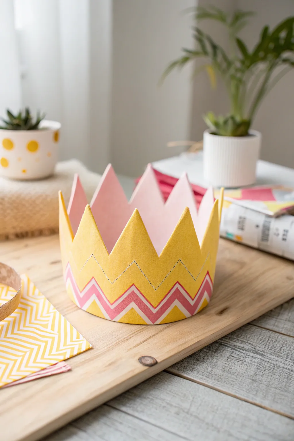 Embrace simplicity with a playful twist: a vibrant zigzag paper crown that captures the essence of minimalist elegance.