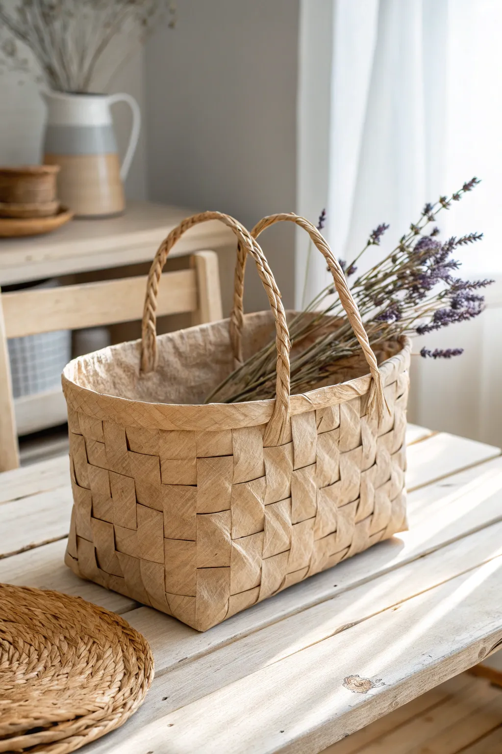 Transform paper bags into chic woven baskets for a rustic, eco-friendly touch to any room.