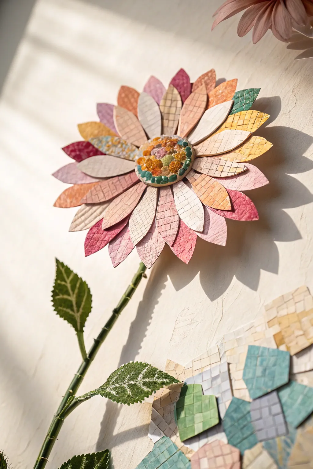 Blooming Beauty: Elevate your space with this stunning paper mosaic flower, a perfect blend of color and craftsmanship.