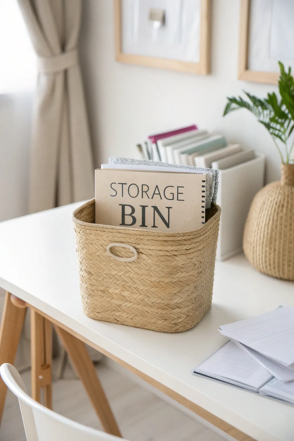 Transform your paper clutter into a stylishly organized haven with chic labeled storage bins.