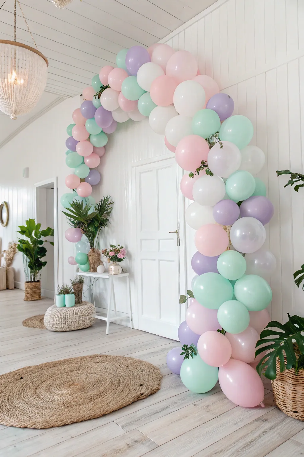 Transform your party space into a pastel paradise with a cascading balloon arch that blends Scandinavian elegance with boho charm.