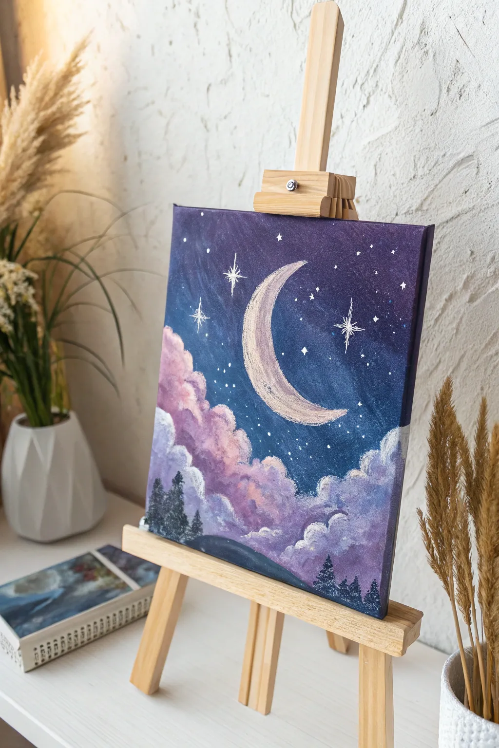 Embrace the night with celestial beauty; where simplicity meets the stars in a pastel dreamscape.