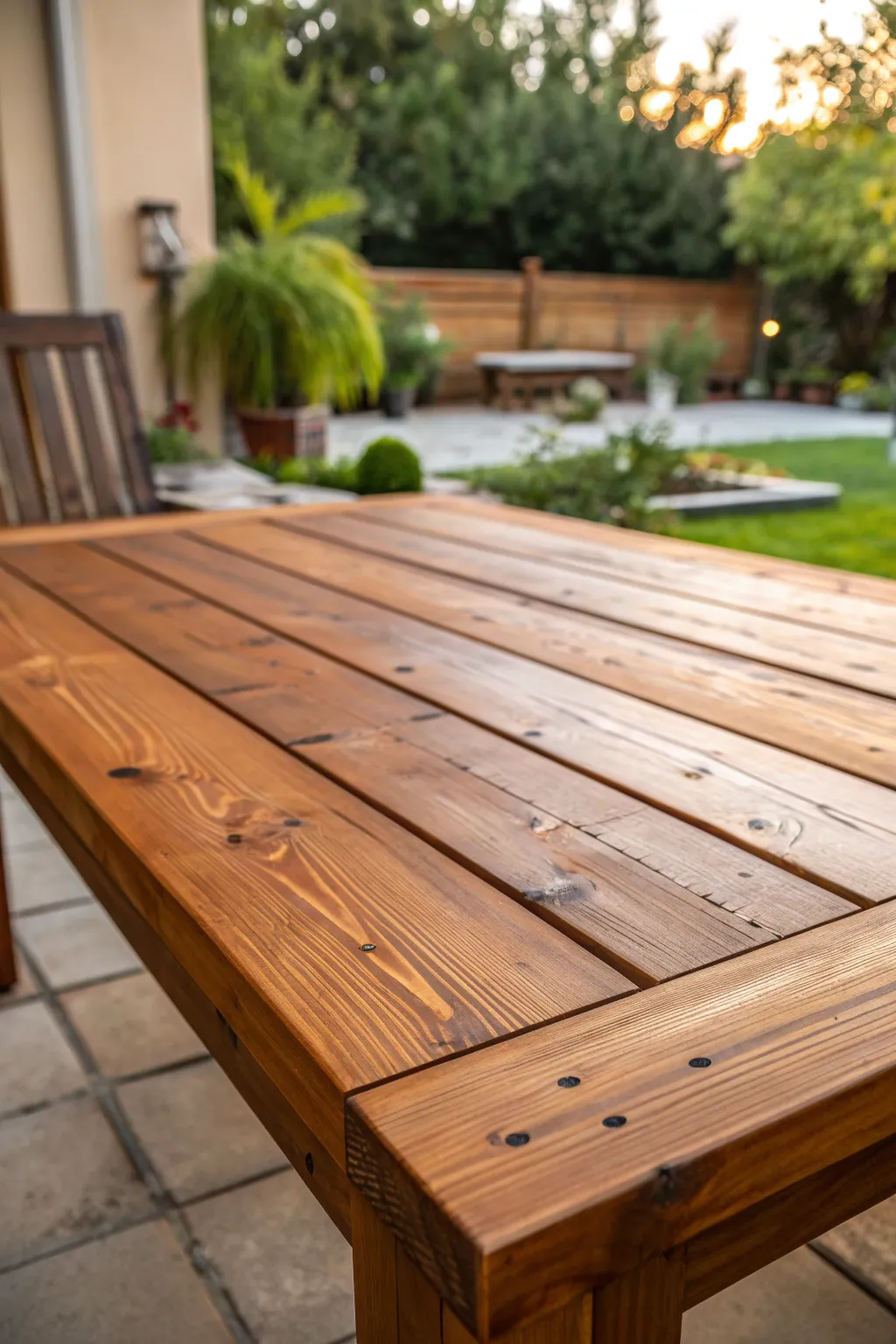 Transform your patio with a rustic wooden plank table top that enhances the natural beauty of your outdoor space.