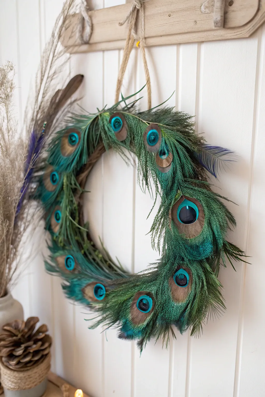 Elevate your entryway with a handcrafted peacock feather wreath that blends simplicity with natural beauty.