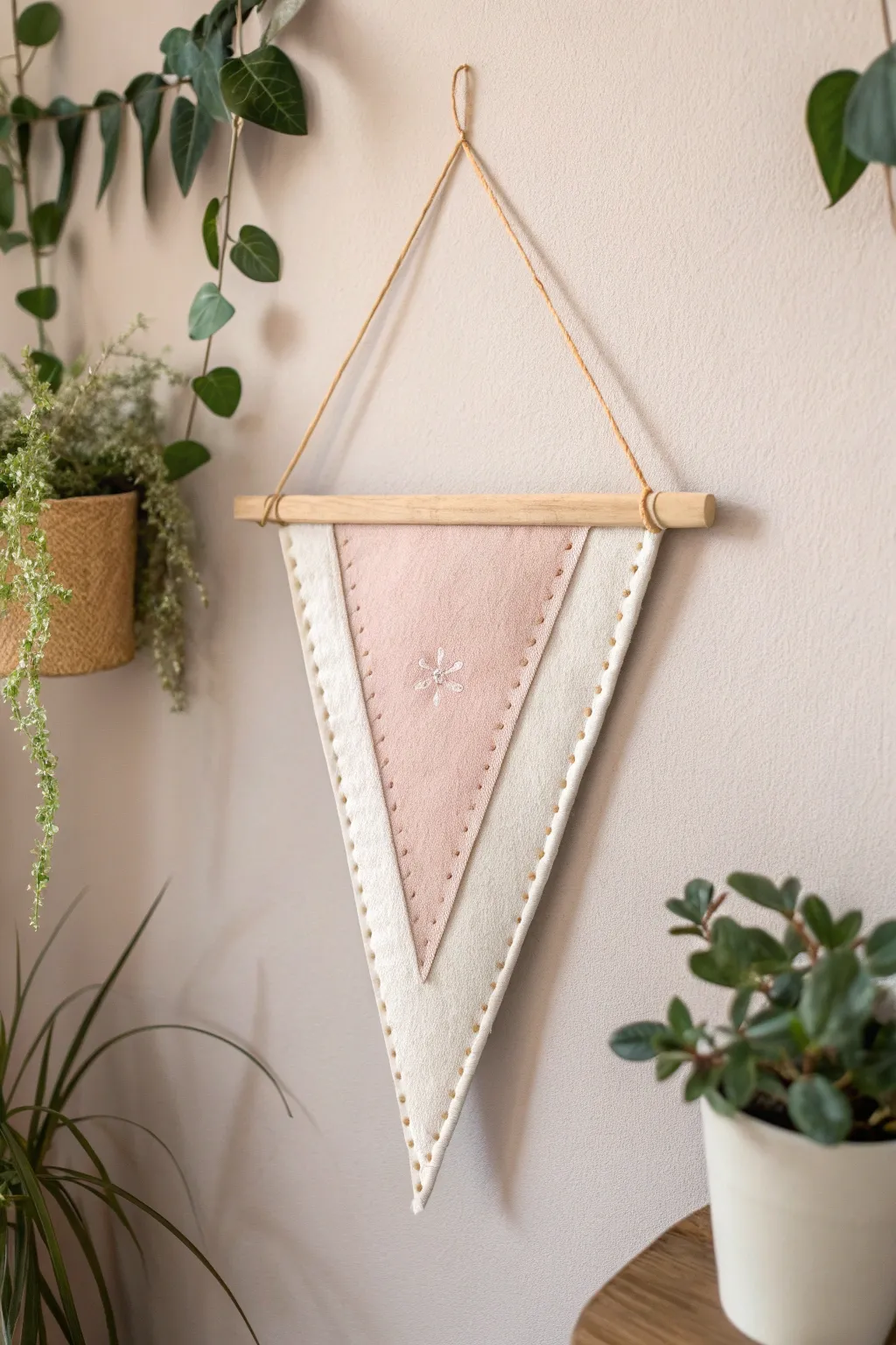 Elevate your space with a touch of handcrafted beauty: the perfect felt pennant for a minimalist boho vibe.