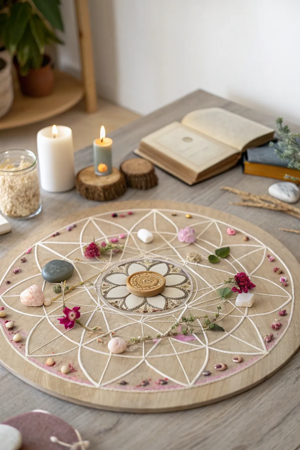 Embrace tranquility with your own self-care mandala. Let each symbol guide you to moments of peace and rejuvenation. 🌸🕯️📚