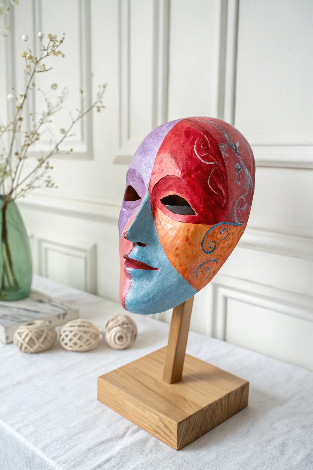 Unveil your dual nature with a mask that beautifully contrasts vibrant personas with inner tranquility. #CraftedIdentity #ScandiBoho
