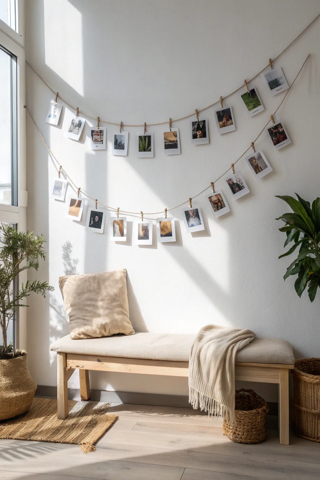 Embrace simplicity with a classic photo string display that welcomes warmth and memories into your space.