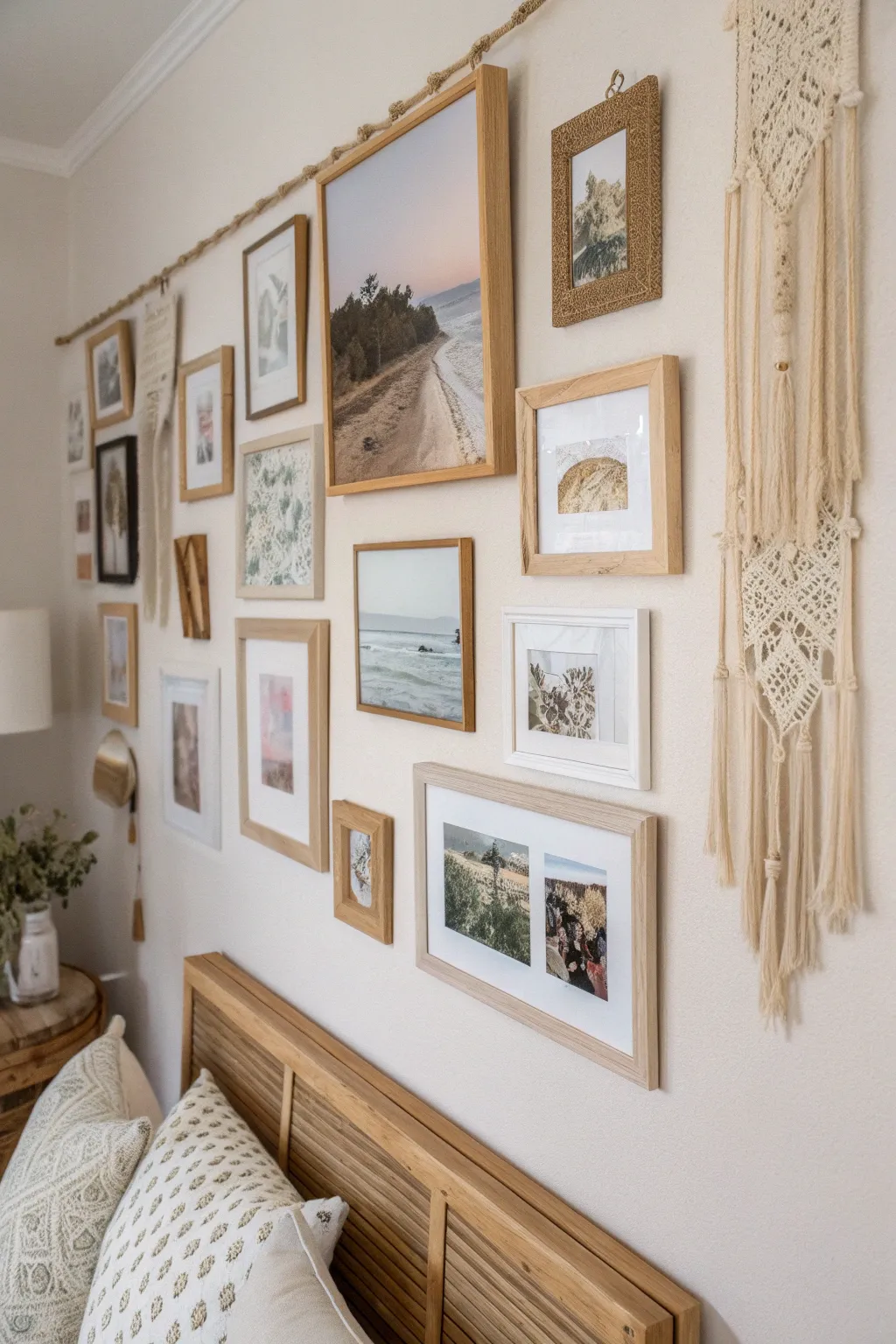 Transform your space with a gallery wall that marries minimalist and boho styles, creating a serene sanctuary in your home.