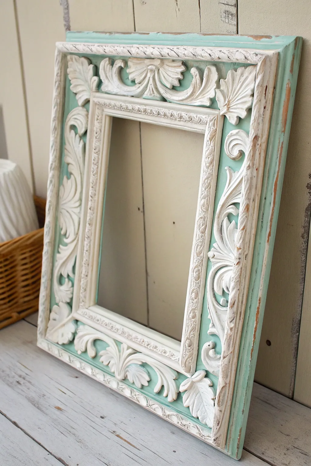 Transform your space with distressed elegance: a vintage frame with a modern twist.