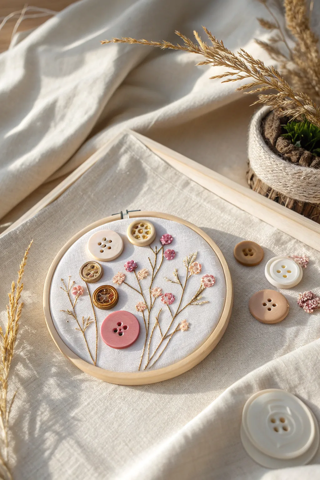 Discover the beauty of button and fabric art—where simplicity meets creativity in every stitch.