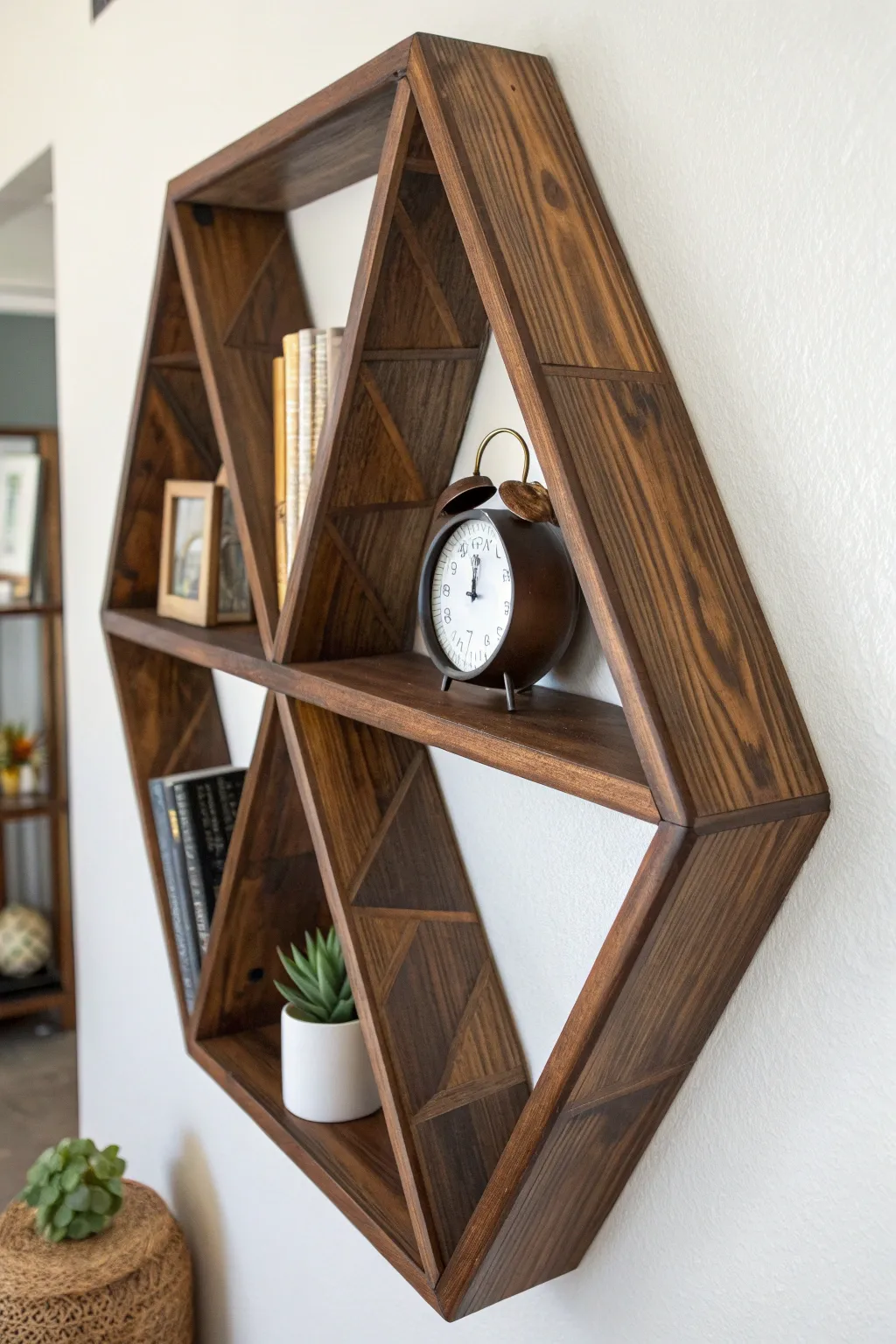 Elevate your space with a handcrafted geometric shelf—where craftsmanship meets style.