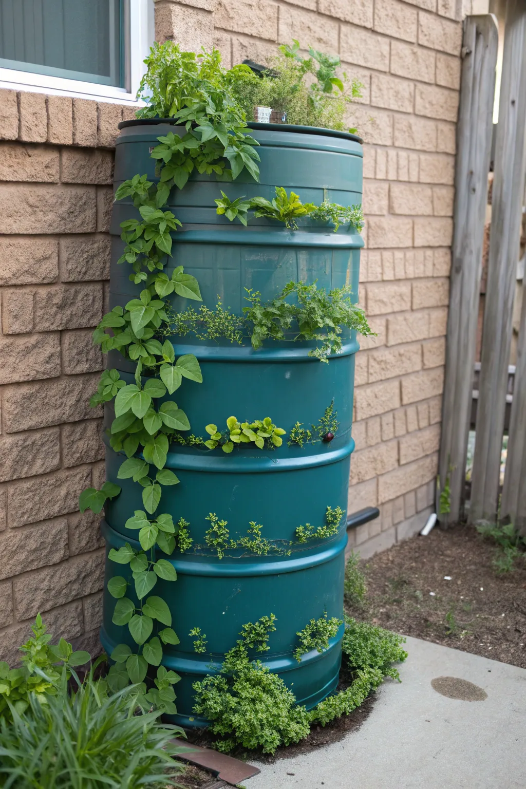 Craft your own vertical garden tower from a simple plastic drum and watch your wall bloom with life!