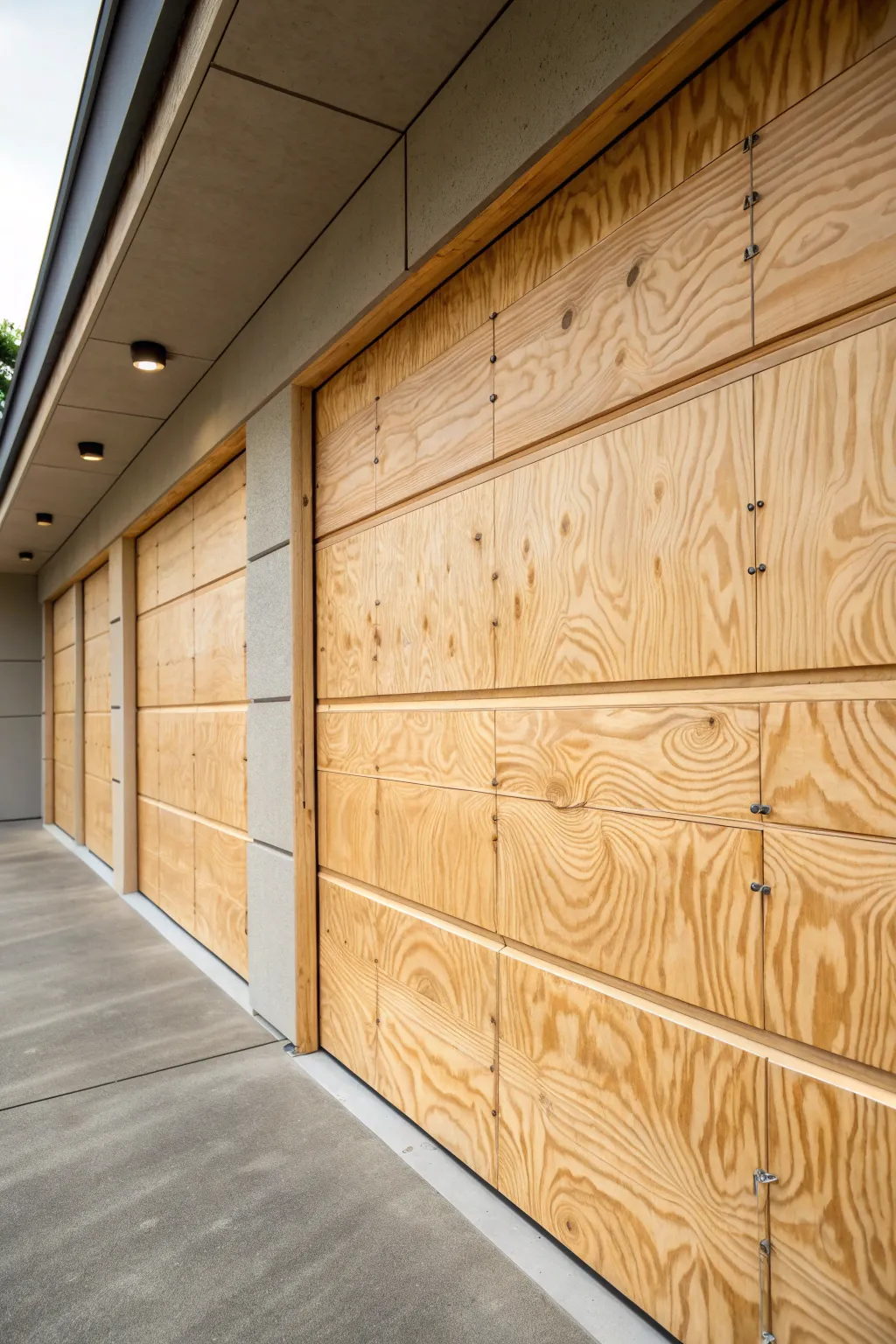 Embrace the natural charm of unpainted plywood for a rustic-modern garage upgrade.