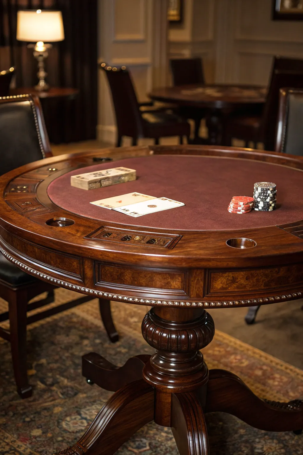 Experience the timeless charm of classic craftsmanship with this exquisite round poker table, where every game becomes a memorable gathering.