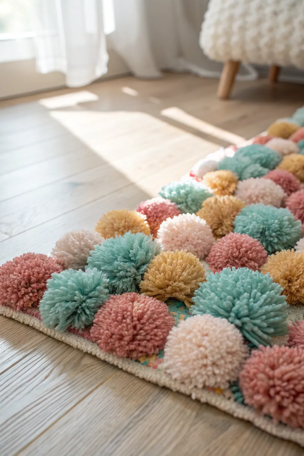 Vibrant Multi-Color Pom Pom Rug: A Burst of Joy and Craftsmanship for Your Space!