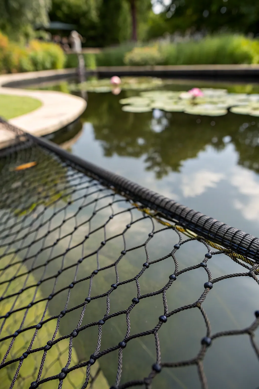 Effortlessly blending protection and elegance: fine mesh netting for a pristine pond.