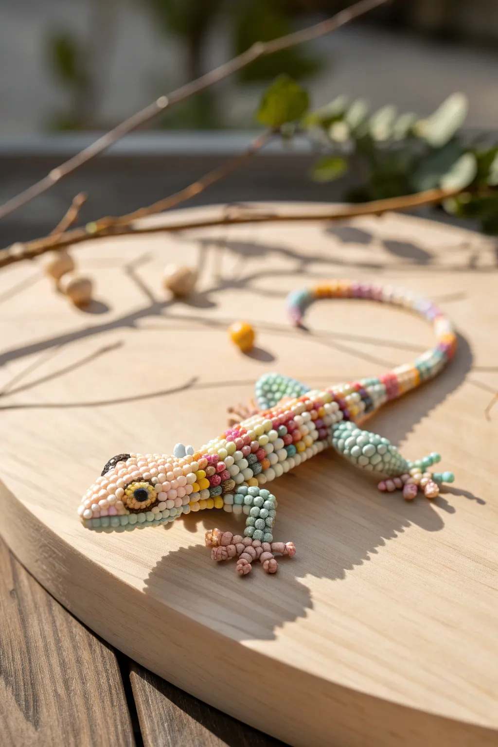 Bring a touch of whimsy to your decor with this charming beaded lizard, a delightful blend of color and craft.
