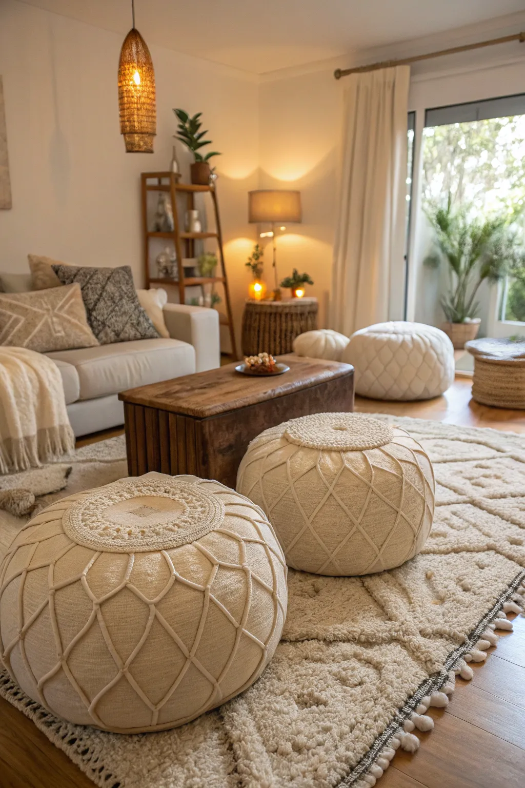 Neutral poofs add a touch of calm to this inviting living room.