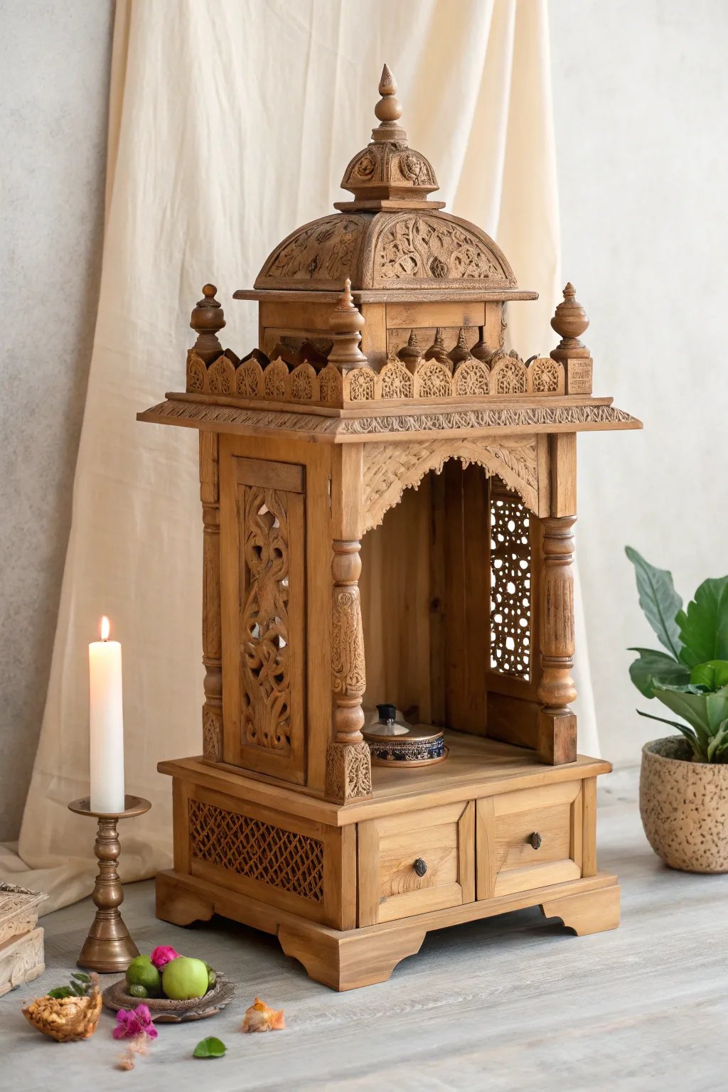 Embrace the warmth and tradition of wooden elegance in your sacred space.