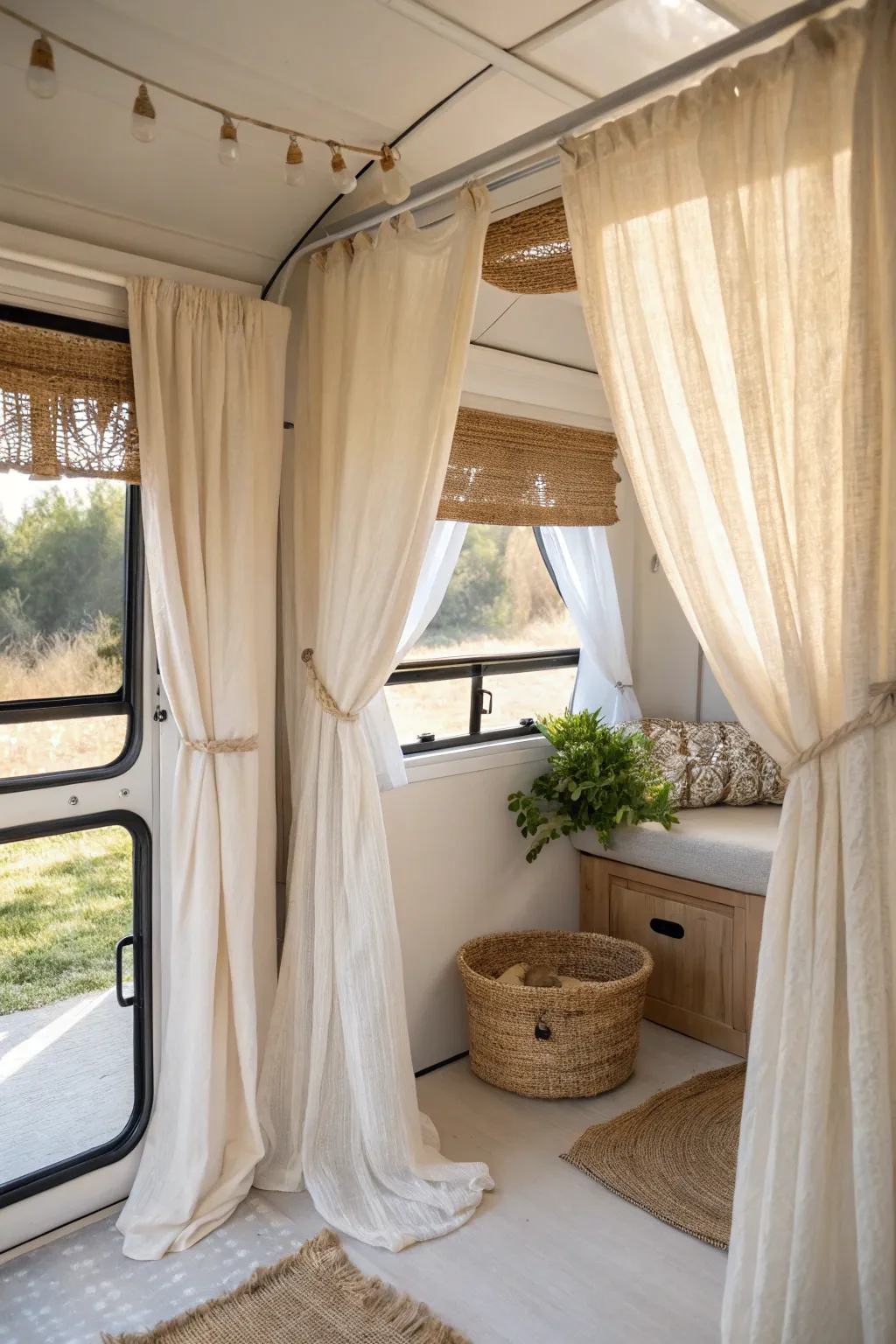 Transform your camper with effortless elegance: DIY no-sew curtains for a cozy, minimalist haven on wheels.